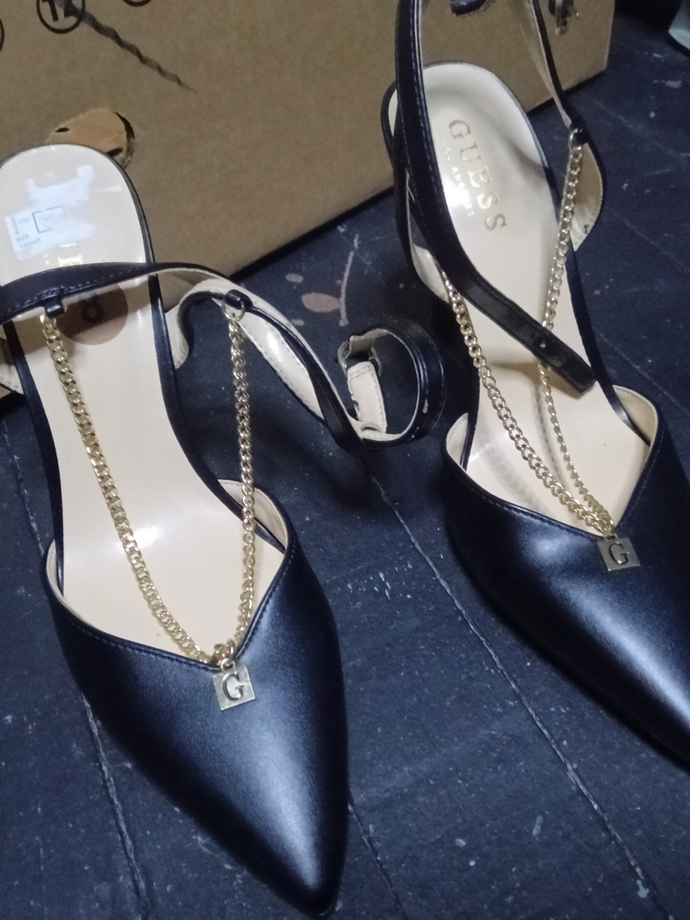 GUESS Black Pointed Slingback Heels with Gold Chain Accent